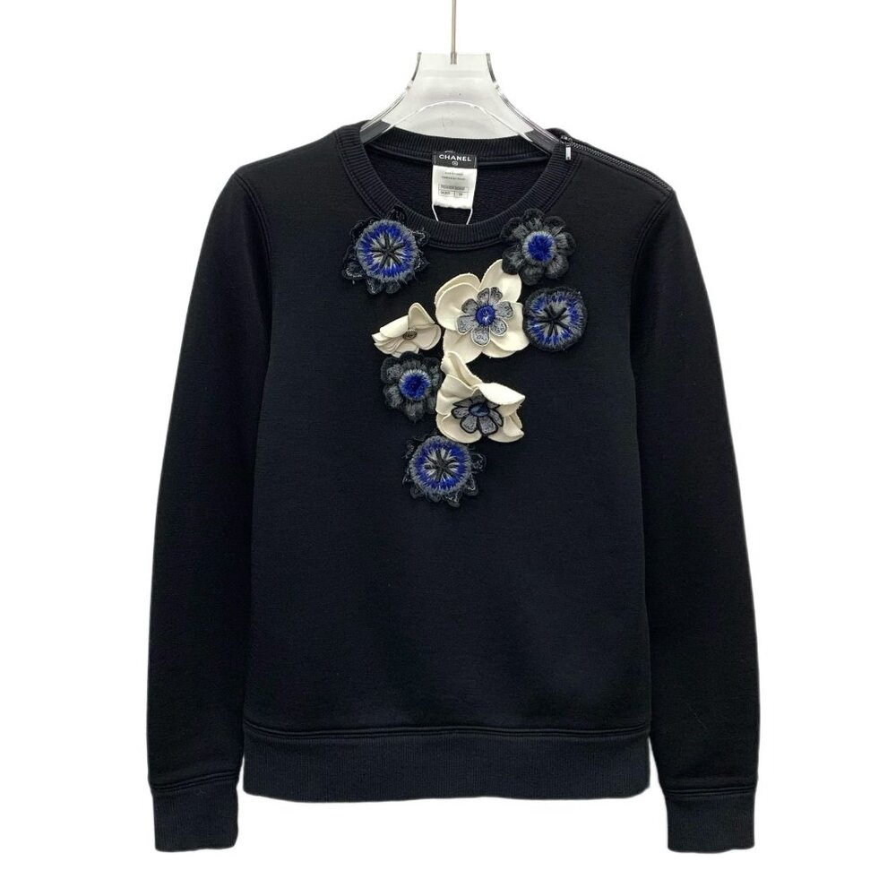 Grade A CW0304 Chanel Black Floral Embroidered Crewneck Sweatshirt XS Size 99% N